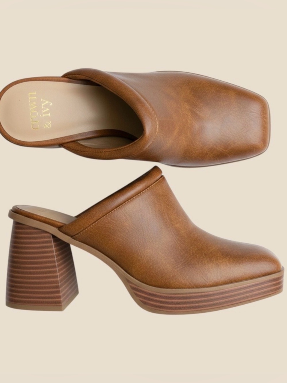 Women's Crown & Ivy Lewis Cognac Brown Square Toe Block Heel Platform Mules 9.5